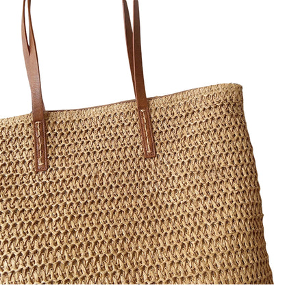 Wicker Basket Bag with Leather Handles for Women