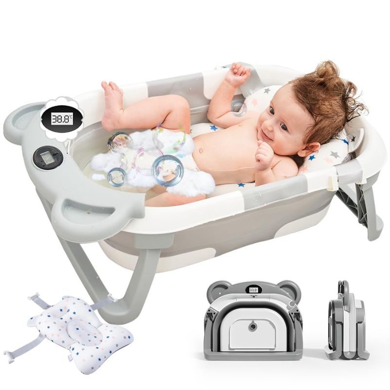 Marcherelle™ – Baignoire Bébé Pliable avec Matelas Ergonomique, 0–24 Mois