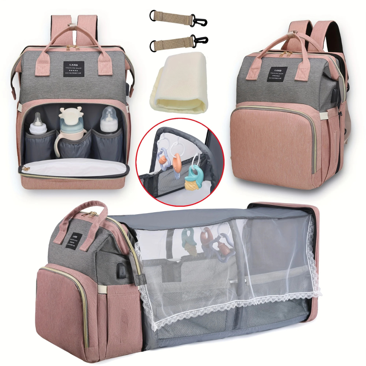 Convertible Diaper Bag with Travel Crib and Stroller