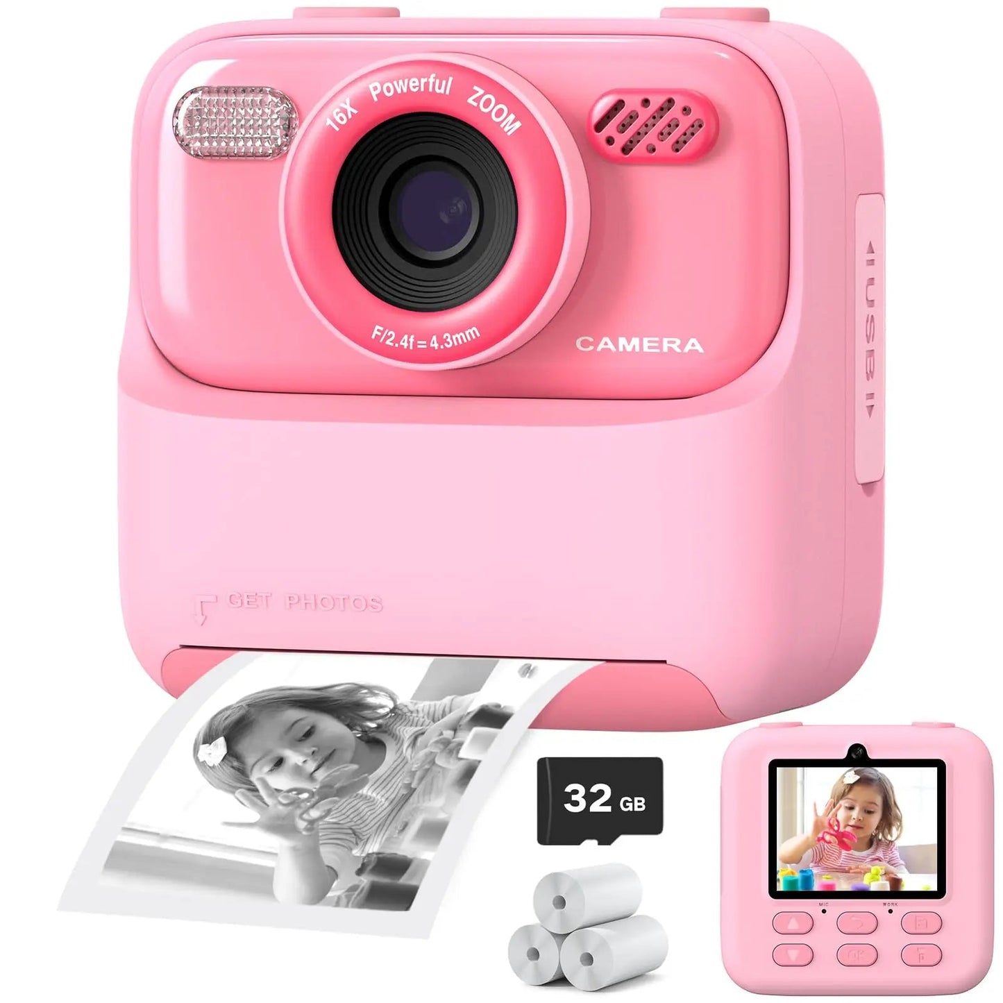 Colorful Instant Camera for Children with HD Selfie and 32GB Memory